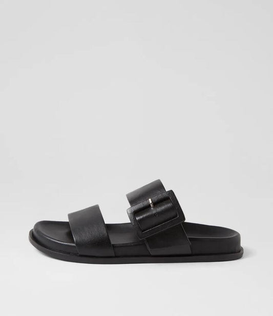 Image of Slippers. Productname: Beyda Black Leather Slides in BLACK-BLACK SOLE colour by brand - MIDAS