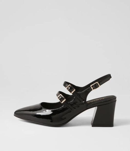 Image of Flats. Productname: Merina Black Patent Leather Mary Jane Heels in BLACK colour by brand - MIDAS