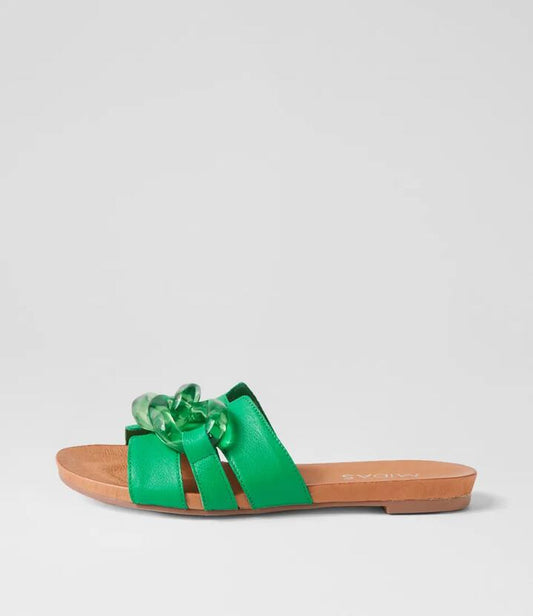 Image of Slippers. Productname: Jovis Bright Emerald Leather Slides in BRIGHT EMERALD colour by brand - MIDAS