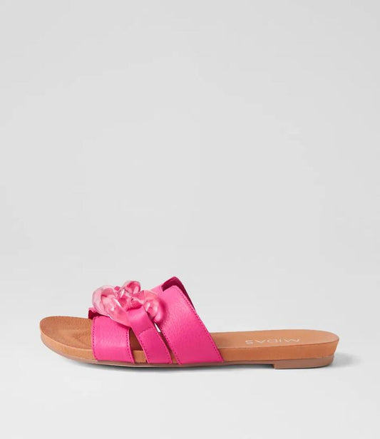 Image of Slippers. Productname: Jovis Fuchsia Leather Slides in FUCHSIA colour by brand - MIDAS