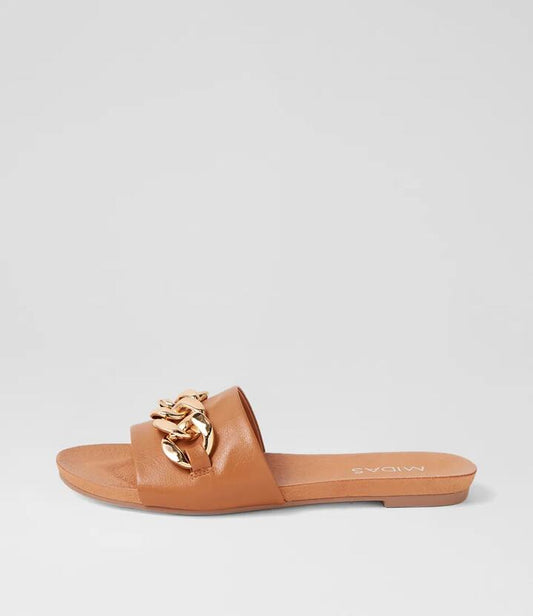 Image of Slippers. Productname: Jaddle Dark Tan Leather Slides in DK TAN colour by brand - MIDAS