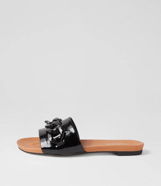 Image of Slippers. Productname: Jimble Black Patent Leather Slides in BLACK-BLACK colour by brand - MIDAS