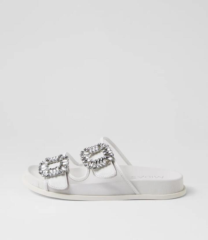 Image of Slippers. Productname: Throys White Leather Mesh Slides in WHITE colour by brand - MIDAS