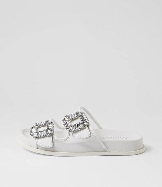 Image of Slippers. Productname: Throys White Leather Mesh Slides in WHITE colour by brand - MIDAS