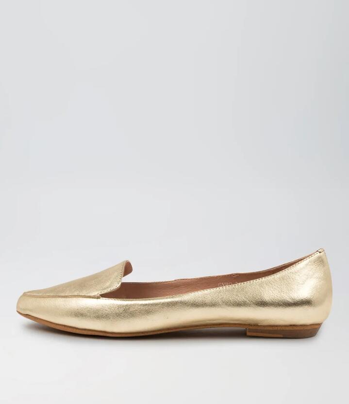 Image of Flats. Product name - Gyro Pale Gold Leather Loafers in Pale Gold colour by brand - MOLLINI