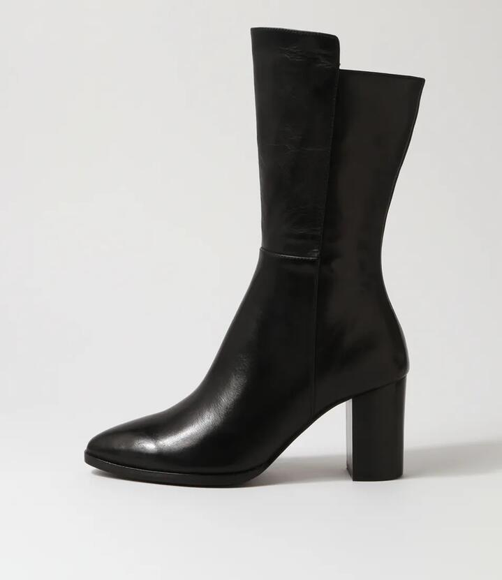 Image of Boots. Productname: Ainslee Black Leather Calf Boots in Black-Black Heel colour by brand - MIDAS