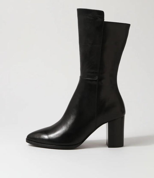 Image of Boots. Productname: Ainslee Black Leather Calf Boots in Black-Black Heel colour by brand - MIDAS