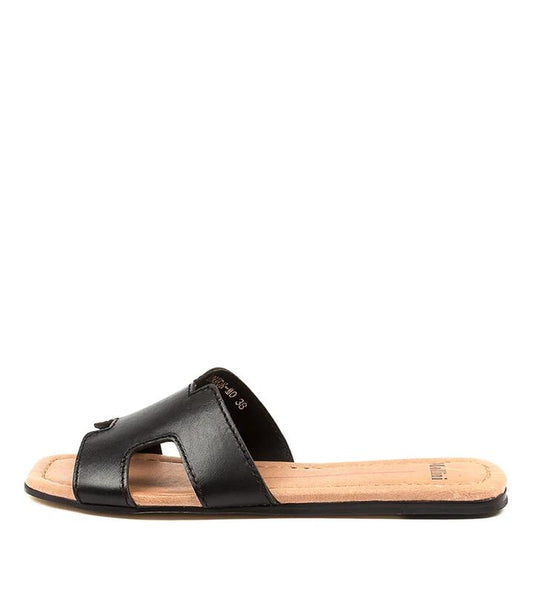 Image of Slippers. Productname: Leamon Black Tan Leather Slides in BLACK-TAN colour by brand - MOLLINI