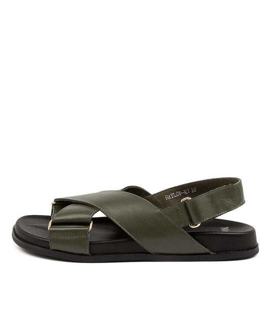Image of Sandals. Productname: Haylow Olive Black Leather Sandals in OLIVE-BLACK SOLE colour by brand - MOLLINI
