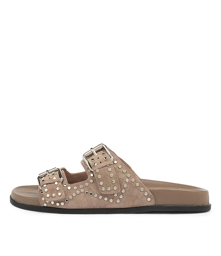 Image of Slippers. Productname: Heire Taupe Silver Suede Slides in TAUPE-SILVER colour by brand - MOLLINI
