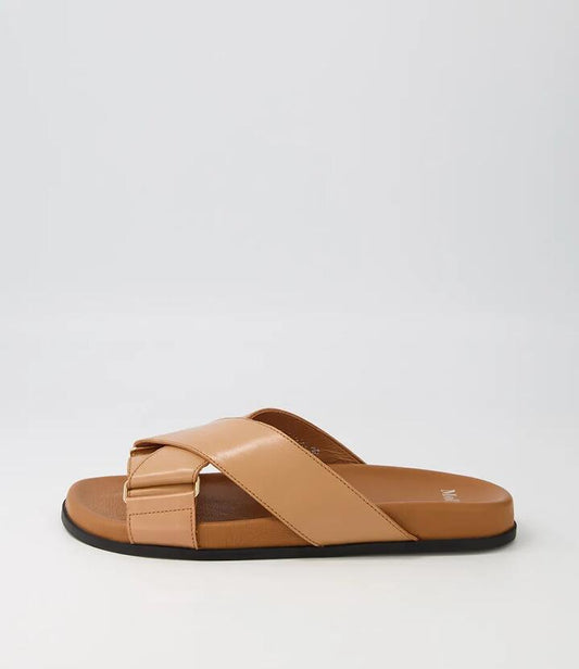 Image of Slippers. Productname: Hefti Caramel Tan Leather Slides Bs in CARAMEL-TAN-BLACK SOLE colour by brand - MOLLINI