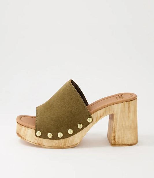 Image of Slippers. Productname: Harmoni Olive Suede Clogs in OLIVE colour by brand - MOLLINI