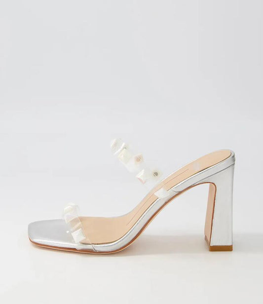 Image of Sandals. Productname: Stars Silver Pearl Stud Vinylite Leather Mules in SILVER-PEARL STUD colour by brand - MOLLINI