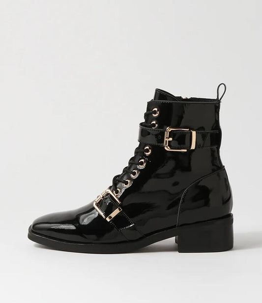 Image of Boots. Productname: Gelous Black Patent Leather Lace Up Boots in BLACK colour by brand - MOLLINI