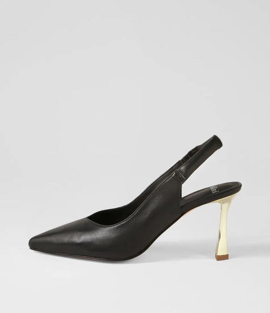 Image of Heels. Productname: Traina Black Gold Leather Heels in BLACK-GOLD HEEL colour by brand - MOLLINI