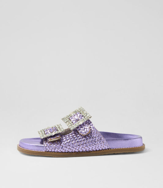 Image of Slippers. Productname: Remmy Lilac Metallic Leather Slides in LILAC METALLIC colour by brand - MIDAS