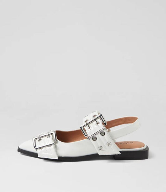 Image of Footwear. Productname: Lanny White Patent Leather Flat Shoes in WHITE colour by brand - MIDAS
