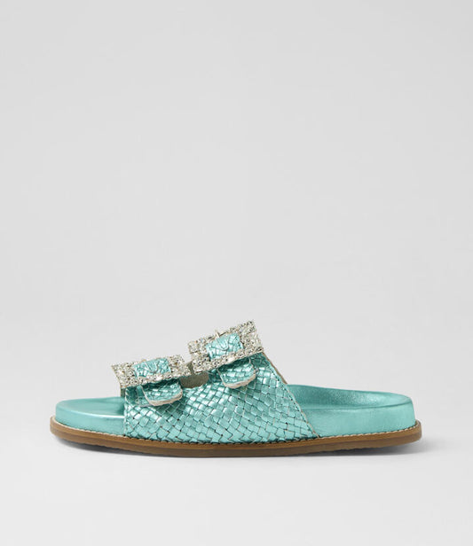 Image of Slippers. Productname: Remmy Sea Metallic Leather Slides in SEA METALLIC colour by brand - MIDAS