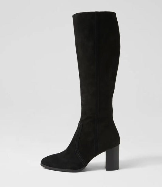 Image of Boots. Productname: Ammla Black Heel Suede Knee High Boots in BLACK-BLACK HEEL colour by brand - MIDAS