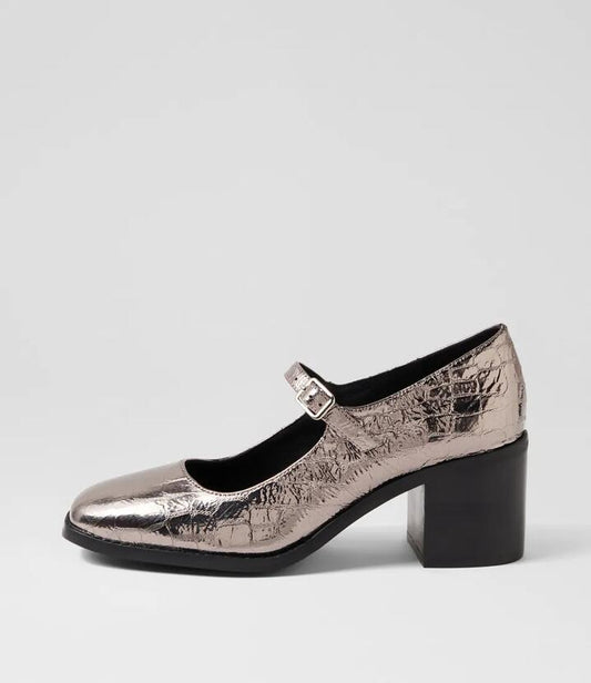 Image of Flats. Productname: Swade Pewter Croc Patent Leather Mary Jane Heels in PEWTER colour by brand - MOLLINI