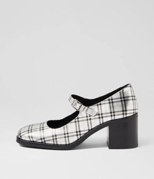 Image of Flats. Productname: Swade Silver Tartan Leather Mary Jane Heels in SILVER TARTAN colour by brand - MOLLINI