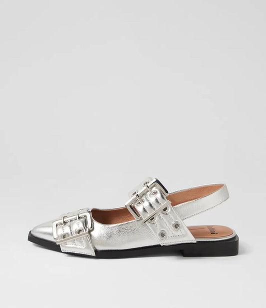 Image of Footwear. Productname: Larra Silver Leather Flat Shoes in SILVER colour by brand - MOLLINI