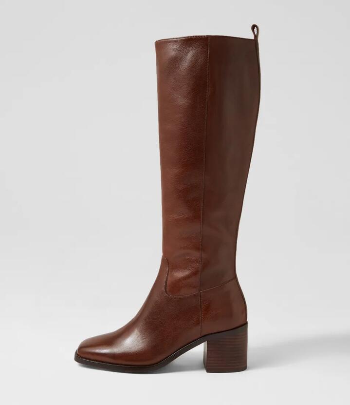 Image of Boots. Productname: Seriny Choc Dark Brown Leather Knee High Boots in CHOC-DK BROWN HEEL colour by brand - MOLLINI
