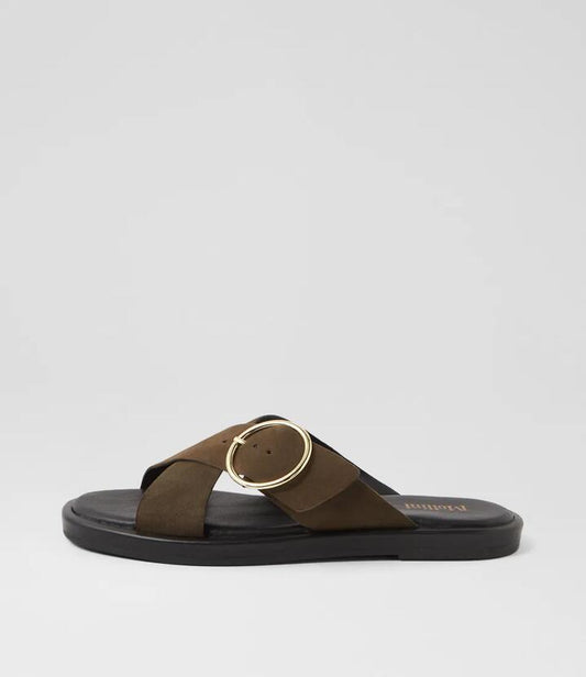 Image of Sandals. Productname: Dayar Olive Black Suede Sandals in OLIVE-BLACK SOLE colour by brand - MOLLINI