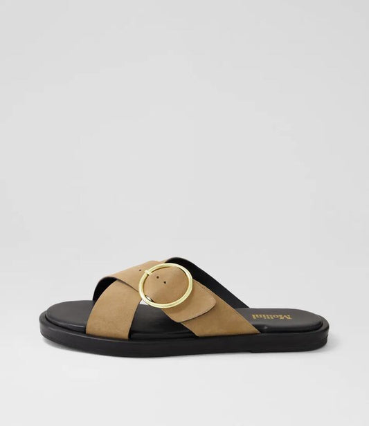 Image of Sandals. Productname: Dayar Taupe Black Suede Sandals in TAUPE-BLACK SOLE colour by brand - MOLLINI