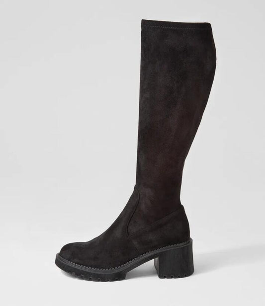 Image of Boots. Productname: Zarah Black Stretch Microsuede Knee High Boots in BLACK colour by brand - MIDAS
