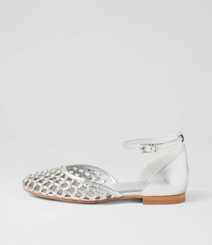 Image of Footwear. Productname: Beylanie Silver Leather Flat Shoes in SILVER colour by brand - MOLLINI