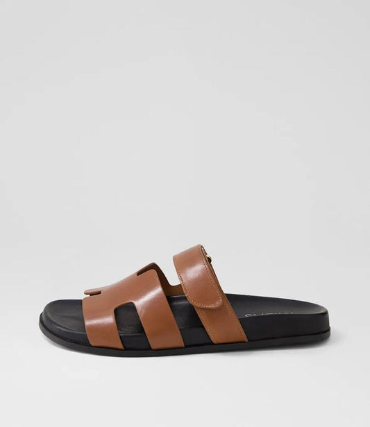 Image of Slippers. Productname: Holnes Walnut Black Leather Slides in WALNUT-BLACK SOLE colour by brand - MIDAS