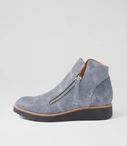 Image of Boots. Productname: Olise Washed Denim Navy Leather Ankle Boots in WASHED DENIM-NAVY SOLE colour by brand - MIDAS