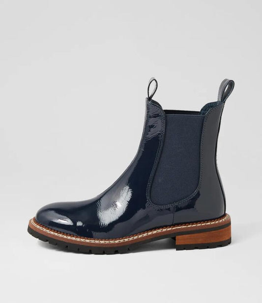 Image of Boots. Productname: Rokkie Navy Patent Leather Chelsea Boots in NAVY colour by brand - MIDAS