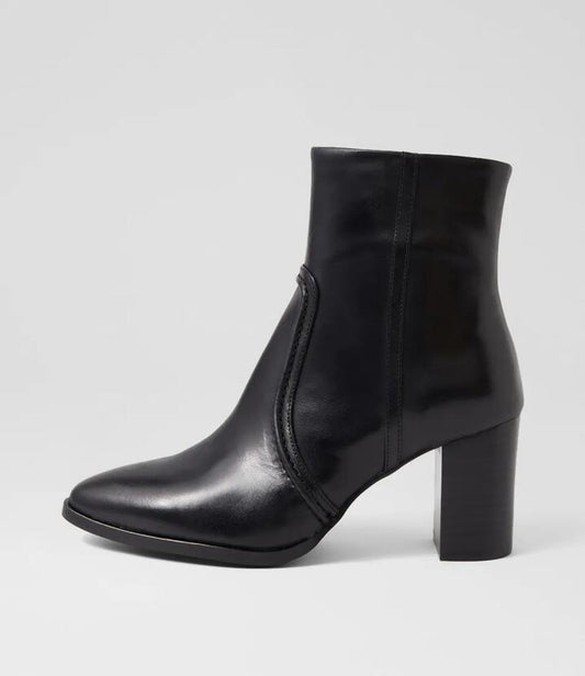 Image of Boots. Productname: Anani Black Leather Ankle Boots in BLACK-BLACK HEEL colour by brand - MIDAS