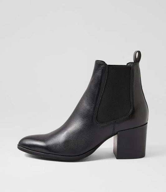 Image of Boots. Productname: Zymba Black Leather Chelsea Boots in BLACK-BLACK HEEL colour by brand - MIDAS