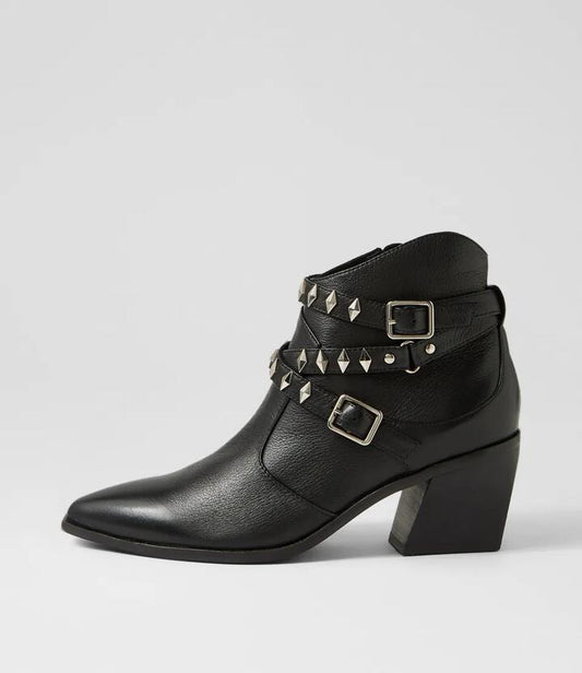 Image of Boots. Productname: Jonmo Black Leather Ankle Boots in BLACK-BLACK HEEL colour by brand - MIDAS