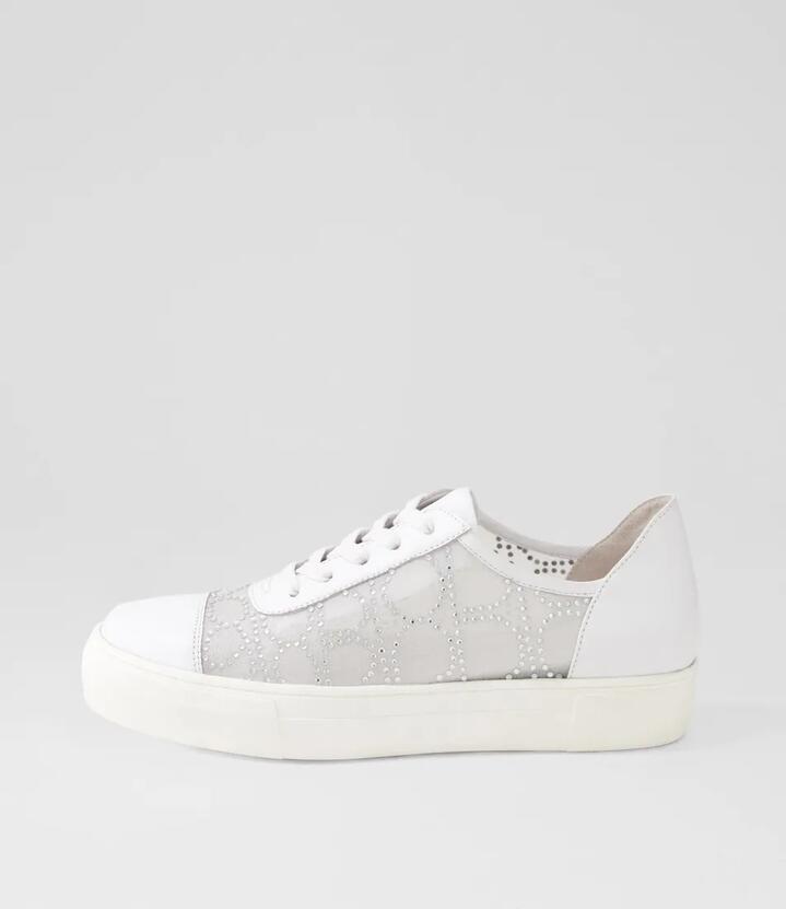 Image of Sneakers. Productname: Fasha White Silver Jewels Leather Mesh Sneakers in WHITE-SILVER JEWELS colour by brand - MIDAS