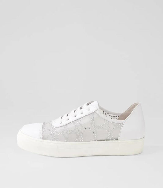 Image of Sneakers. Productname: Fasha White Silver Jewels Leather Mesh Sneakers in WHITE-SILVER JEWELS colour by brand - MIDAS