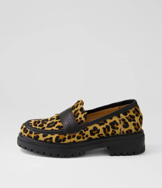 Image of Flats. Productname: Alanta Leopard Black Pony Leather Loafers in Leopard-Black colour by brand - MOLLINI