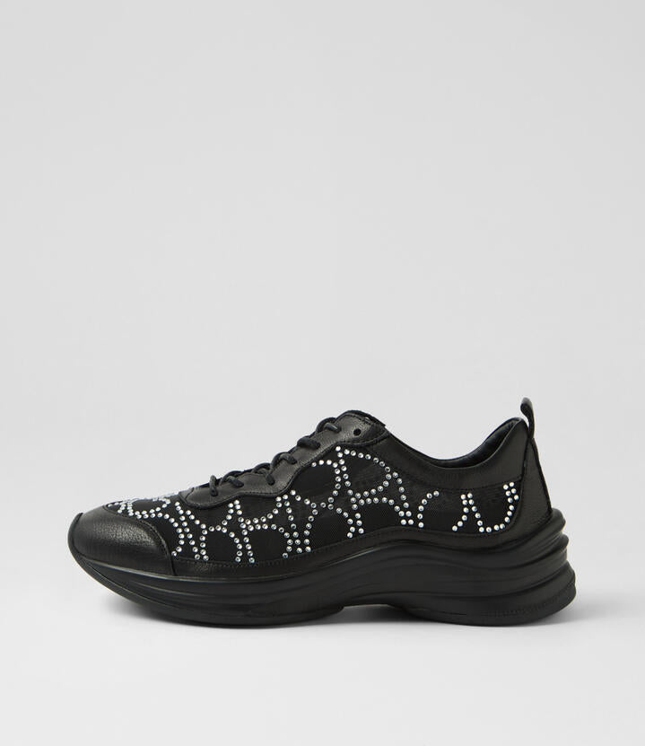 Image of Sneakers. Productname: Kiver Black Silver Jewels Leather Mesh Sneakers in BLACK-SILVER JEWELS colour by brand - MIDAS