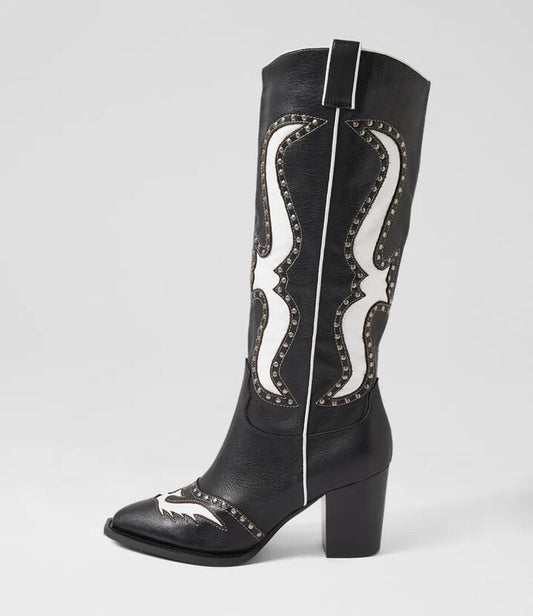 Image of Boots. Productname: Lurva Black White Leather Knee High Boots in BLACK-WHITE colour by brand - MOLLINI