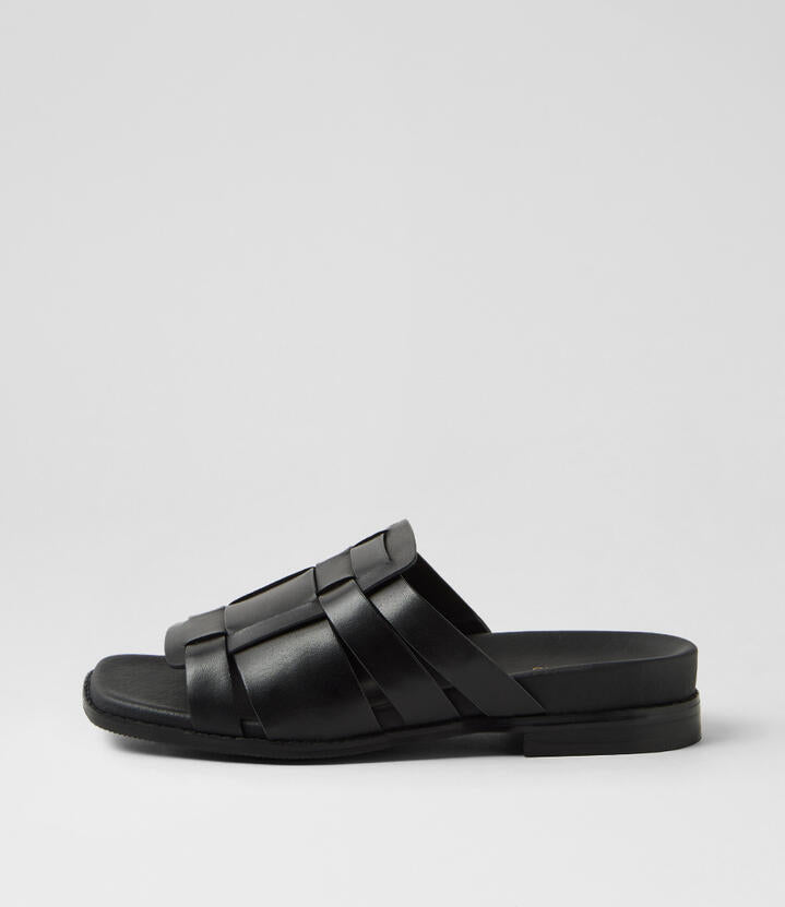 Image of Slippers. Productname: Everlly Black Leather Slides in Black colour by brand - MIDAS