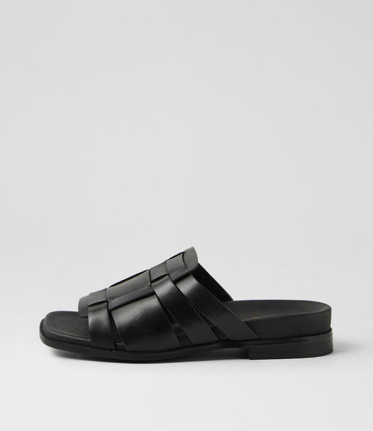 Image of Slippers. Productname: Everlly Black Leather Slides in Black colour by brand - MIDAS