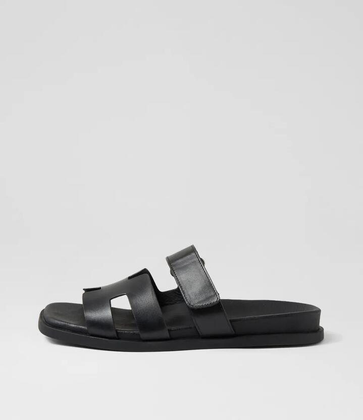 Image of Slippers. Productname: Noley Black Leather Slides in BLACK colour by brand - MIDAS