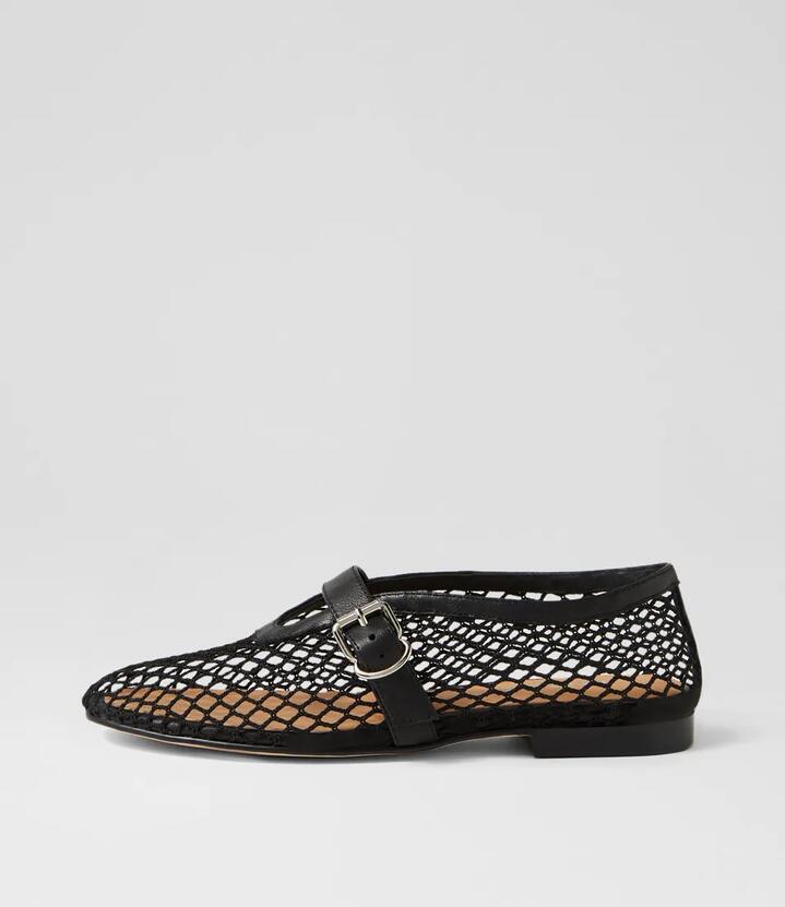 Image of Flats. Product name - Walaa Black Mesh Leather Flat Shoes in Black-Black colour by brand - MIDAS