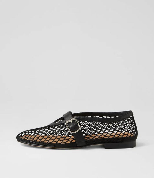 Image of Flats. Product name - Walaa Black Mesh Leather Flat Shoes in Black-Black colour by brand - MIDAS