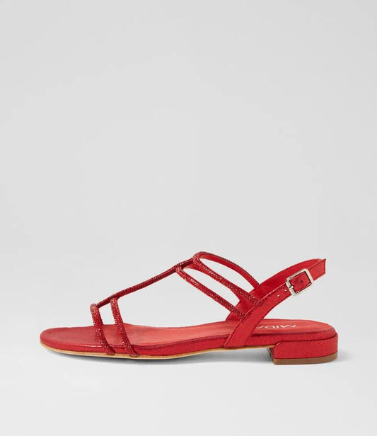 Image of Sandals. Productname: Laroze Red Metallic Fabric Jewels Sandals in RED METALLIC colour by brand - MIDAS
