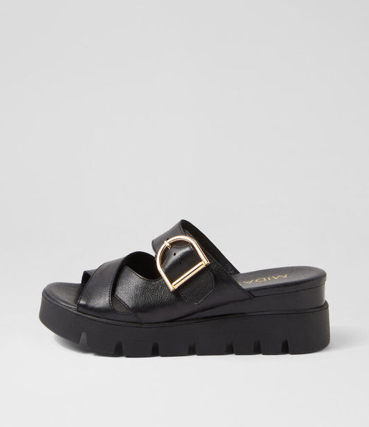 Image of Slippers. Productname: Ronty Black Leather Slides in BLACK-BLACK&BLACK colour by brand - MIDAS