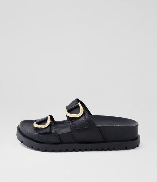 Image of Slippers. Productname: Ully Black Leather Slides in BLACK-BLACK SOLE colour by brand - MIDAS